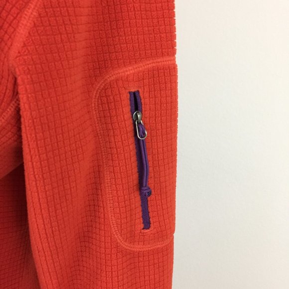 ORVIS Trout Bum Red/Orange'ish Zip Pocket Sleeve Purple Trim Fleece Jacket - Picture 7 of 8